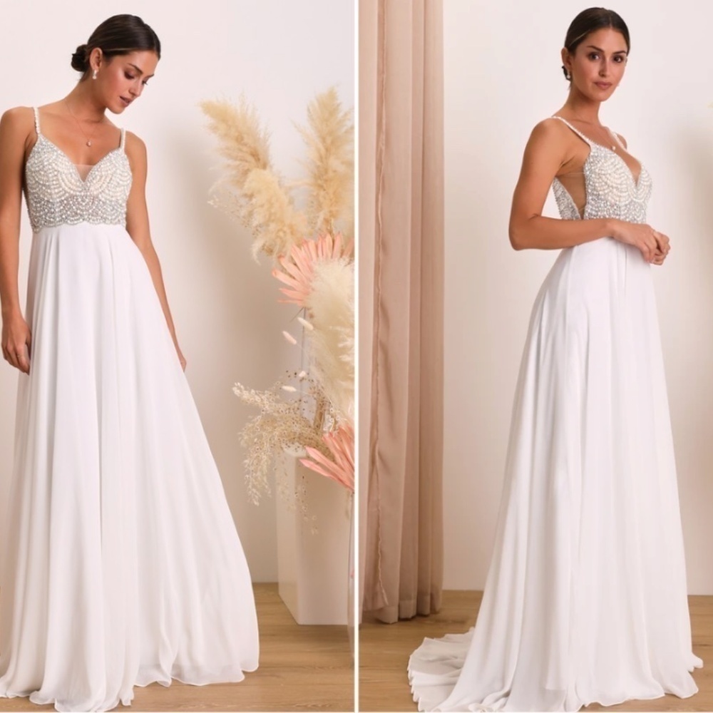 LULU's Stunning Rhinestone Sexy Romantic Flowy Elegant Wedding Gown NWOT - Picture 5 of 9